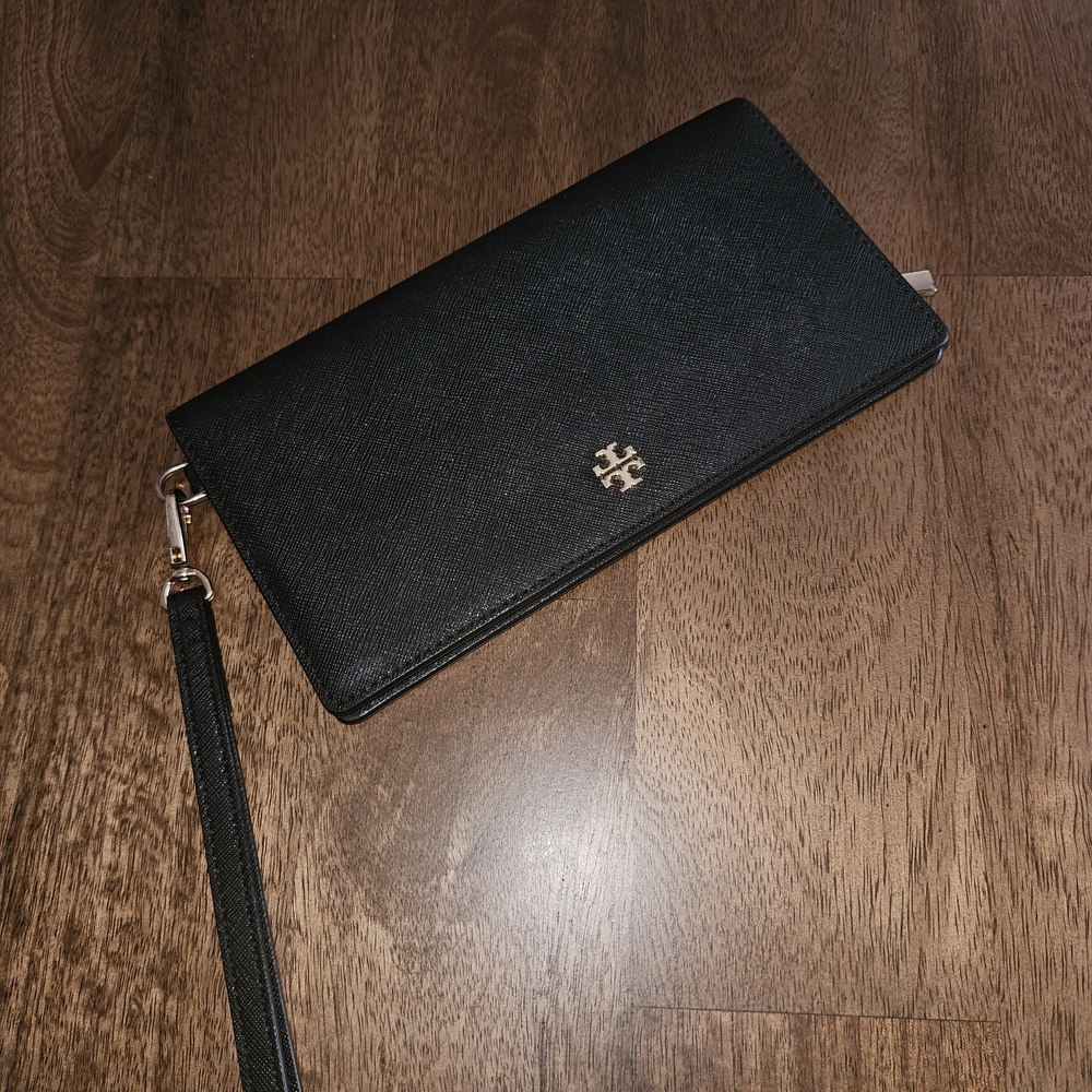 Tory Burch Black Saffiano Wristlet with Gold Logo Accent